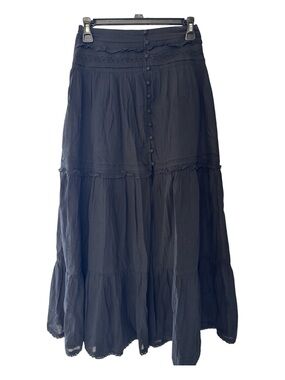 Flowy Black Aerie Boho Maxi Skirt Tiered Ruffle Split-Front Fairy Cotton Size XS